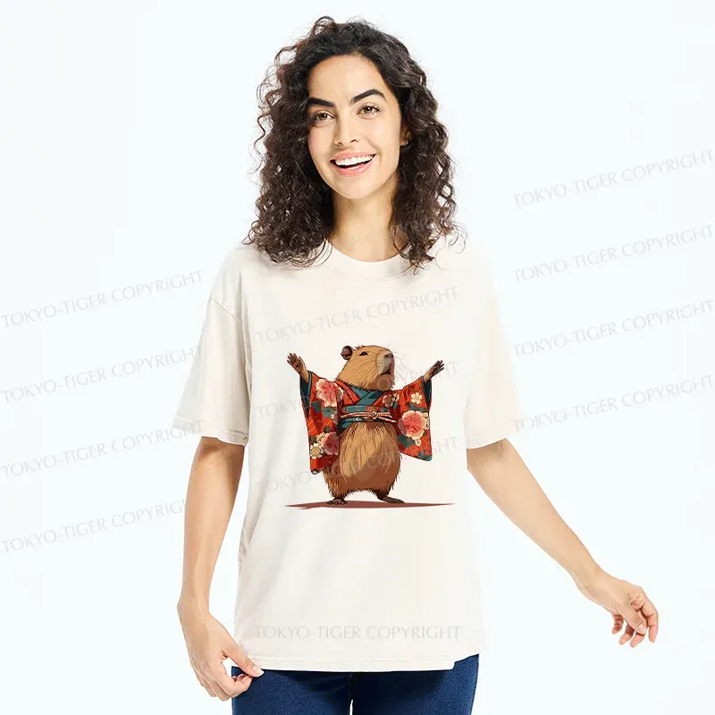 Tokyo-Tiger Capybara In Kimono Washed T-Shirt