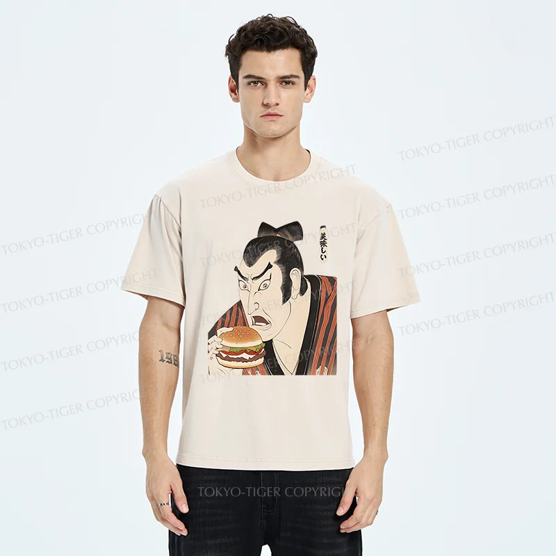 Tokyo-Tiger Japanese People Eating Hamburger Washed T-Shirt