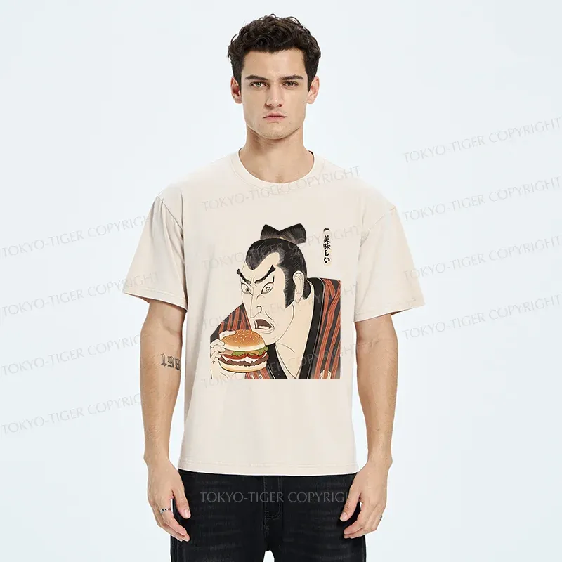 Tokyo-Tiger Japanese People Eating Hamburger Washed T-Shirt