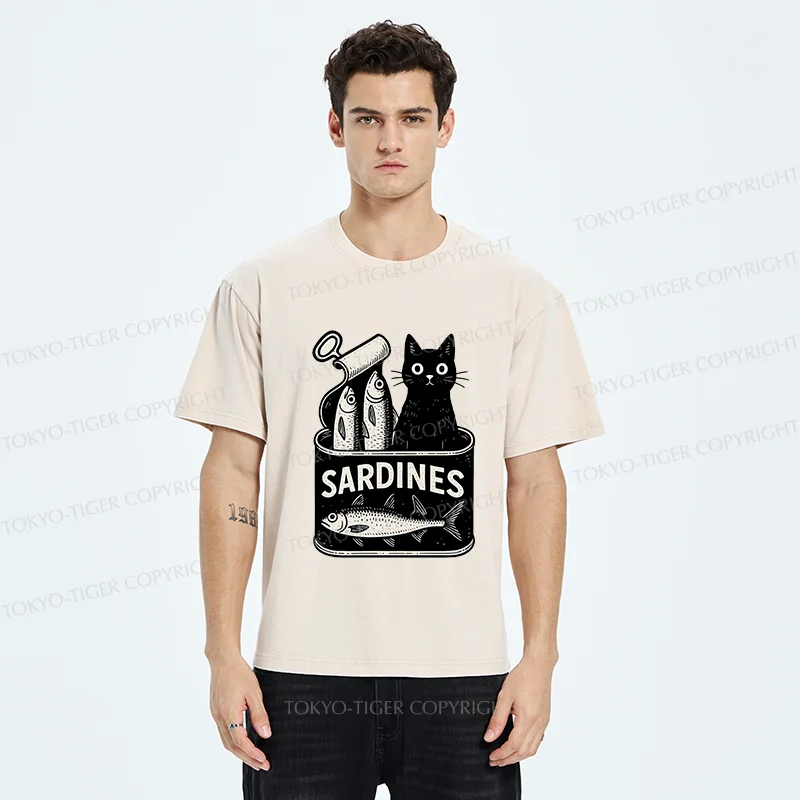 Tokyo-Tiger Cat And Canned Fish Washed T-Shirt