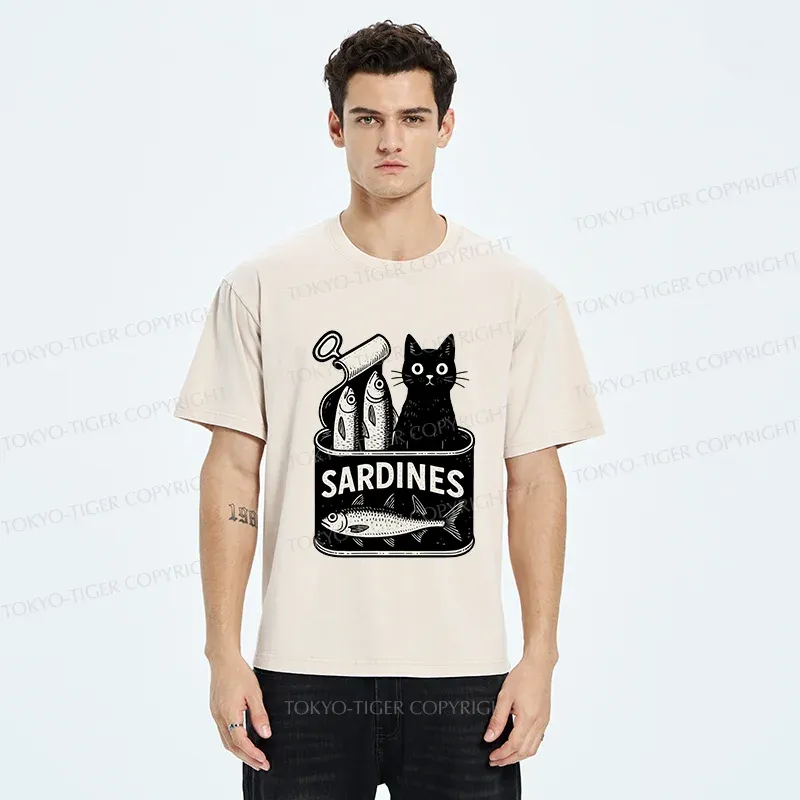 Tokyo-Tiger Cat And Canned Fish Washed T-Shirt