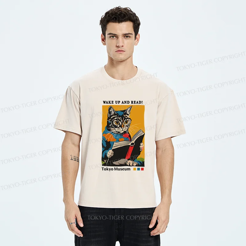 Tokyo-Tiger Cat Reading Washed T-Shirt