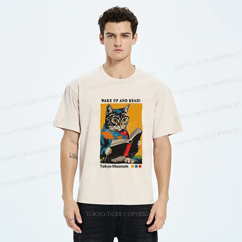 Tokyo-Tiger Cat Reading Washed T-Shirt