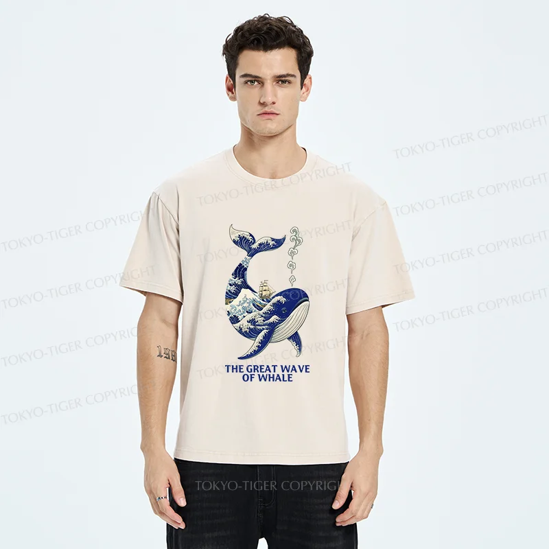 Tokyo-Tiger Ukiyoe Wave Whale Washed T-Shirt