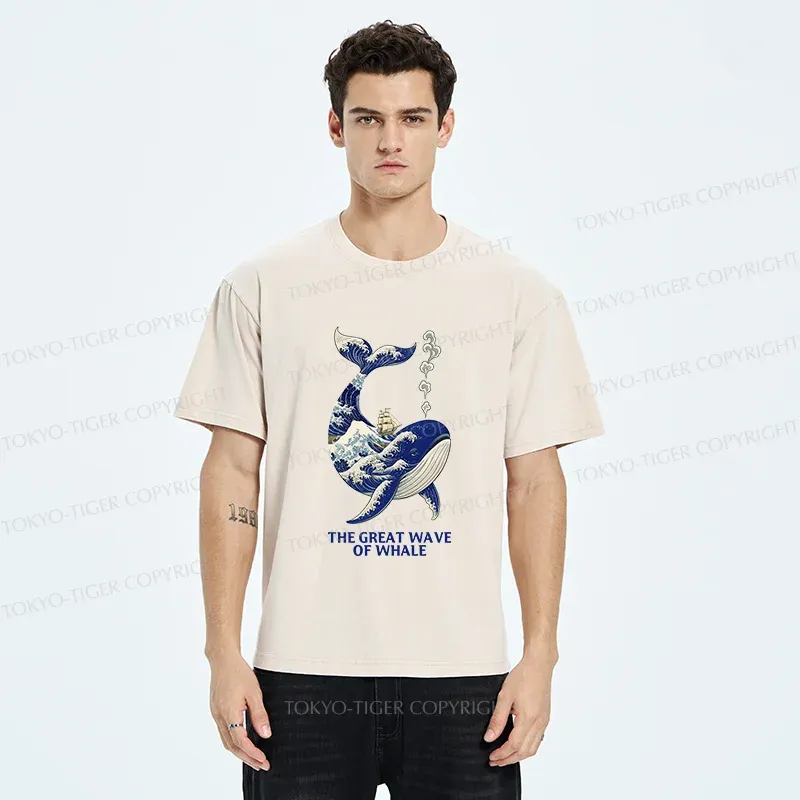 Tokyo-Tiger Ukiyoe Wave Whale Washed T-Shirt