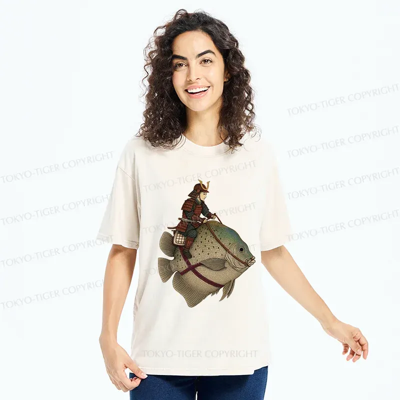 Tokyo-Tiger Samurai Riding A Fish Washed T-Shirt