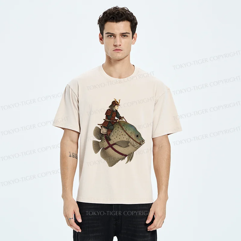 Tokyo-Tiger Samurai Riding A Fish Washed T-Shirt