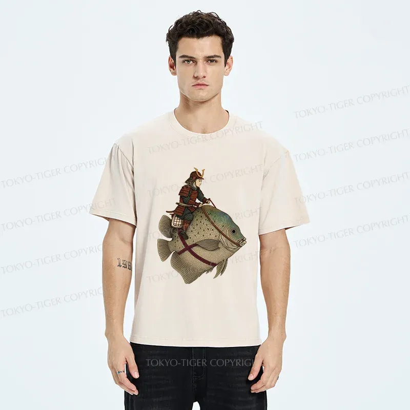 Tokyo-Tiger Samurai Riding A Fish Washed T-Shirt