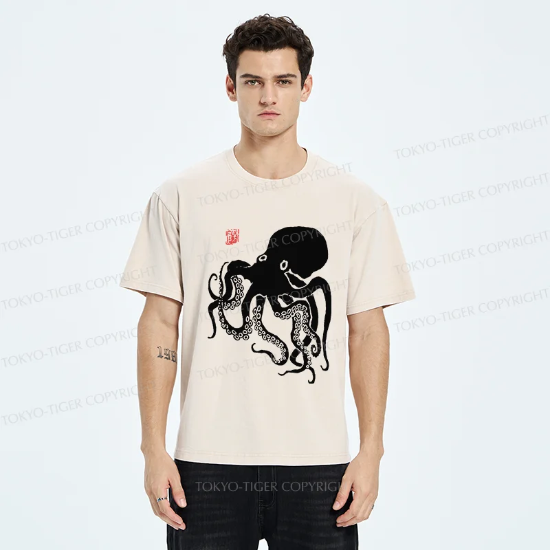 Tokyo-Tiger Retro Japanese Octopu Washed T-Shirt