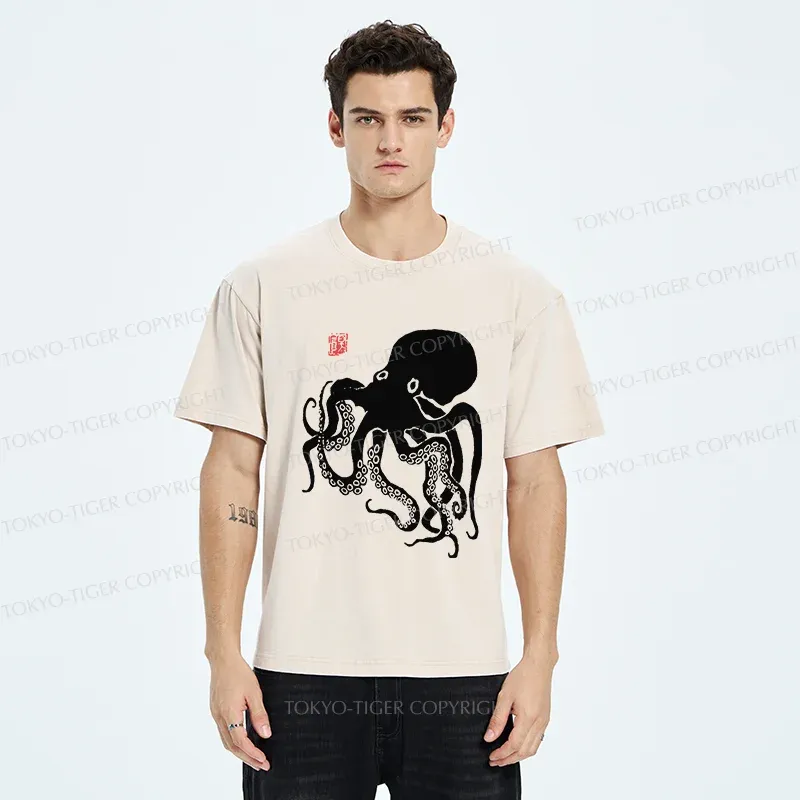 Tokyo-Tiger Retro Japanese Octopu Washed T-Shirt