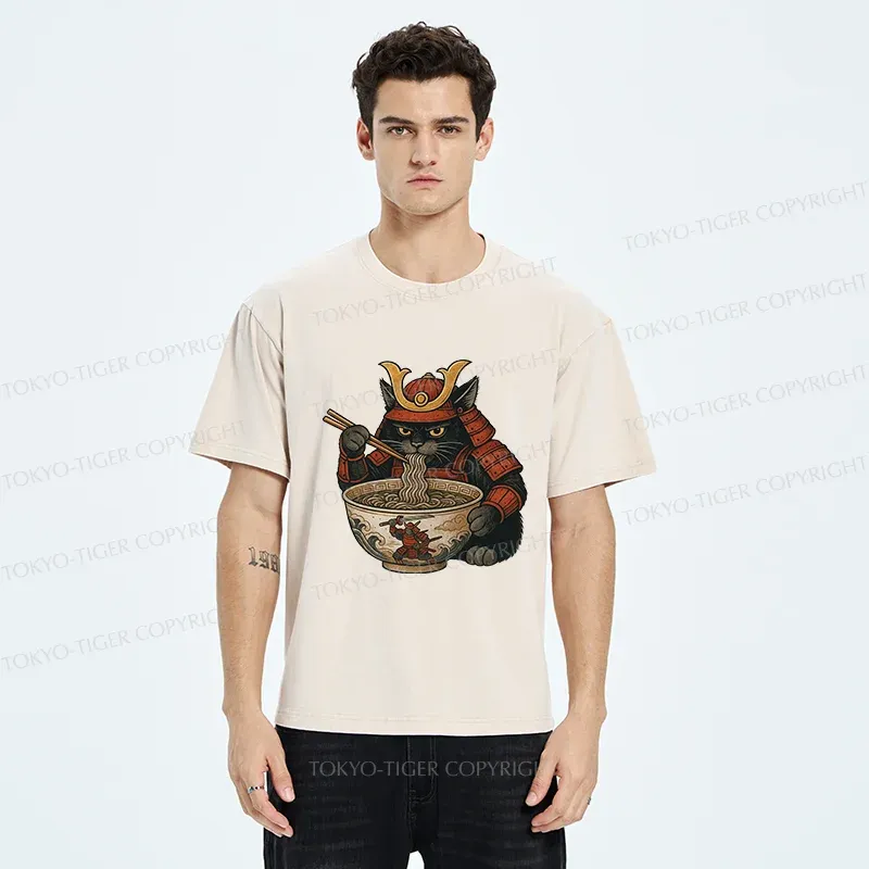 Tokyo-Tiger Cat General Eats Ramen Washed T-Shirt