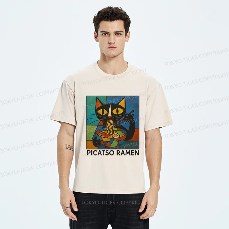 Tokyo-Tiger Abstract Cat Eating Ramen Washed T-Shirt