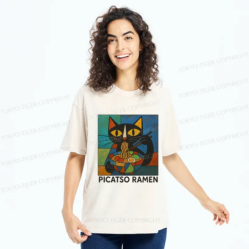 Tokyo-Tiger Abstract Cat Eating Ramen Washed T-Shirt