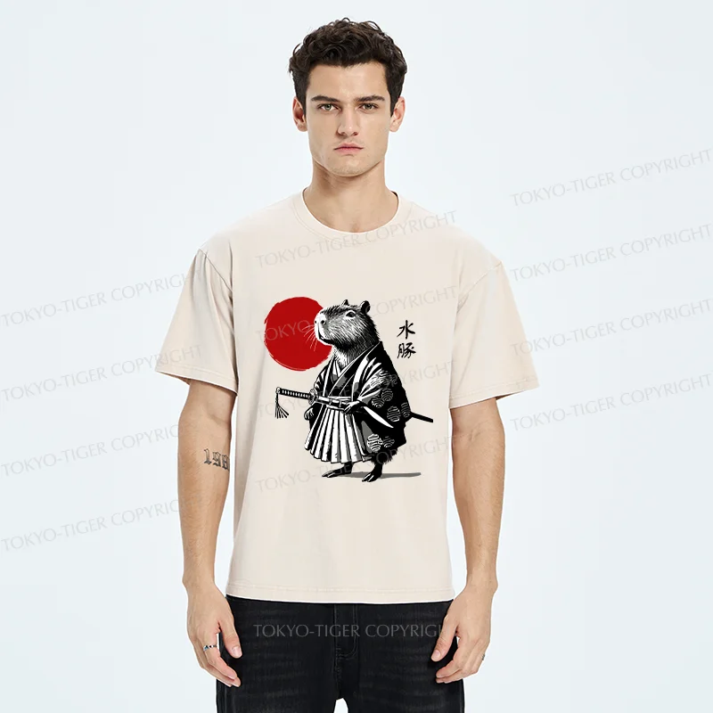Tokyo-Tiger Retro Capybara Samurai Washed T-Shirt