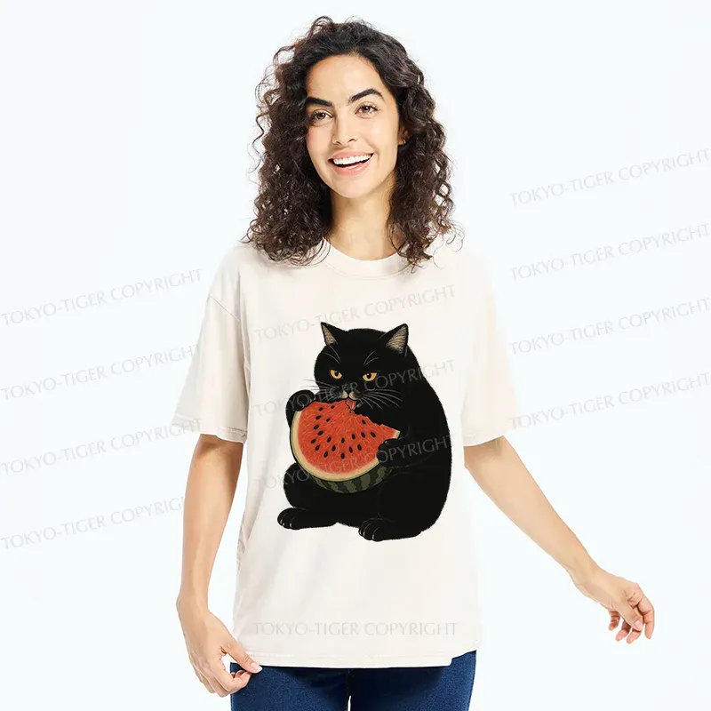Tokyo-Tiger Black Cat Eating Watermelon Washed T-Shirt