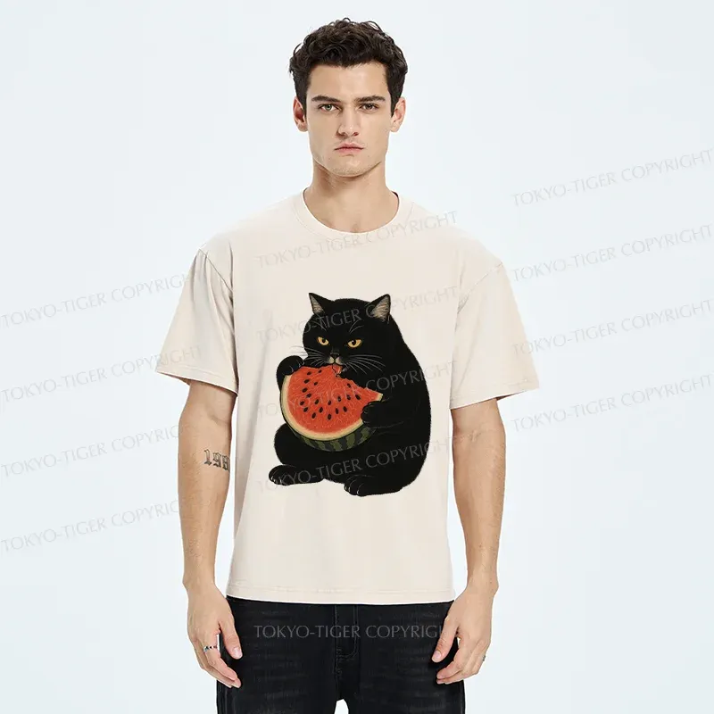 Tokyo-Tiger Black Cat Eating Watermelon Washed T-Shirt