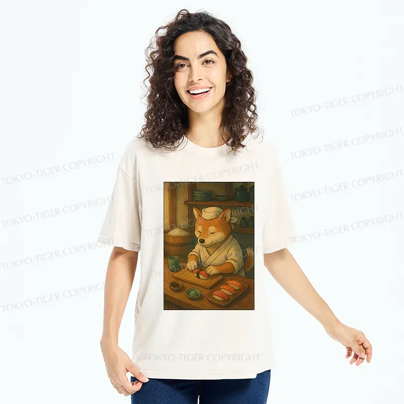 Tokyo-Tiger Dog Sushi Chef Washed T-Shirt