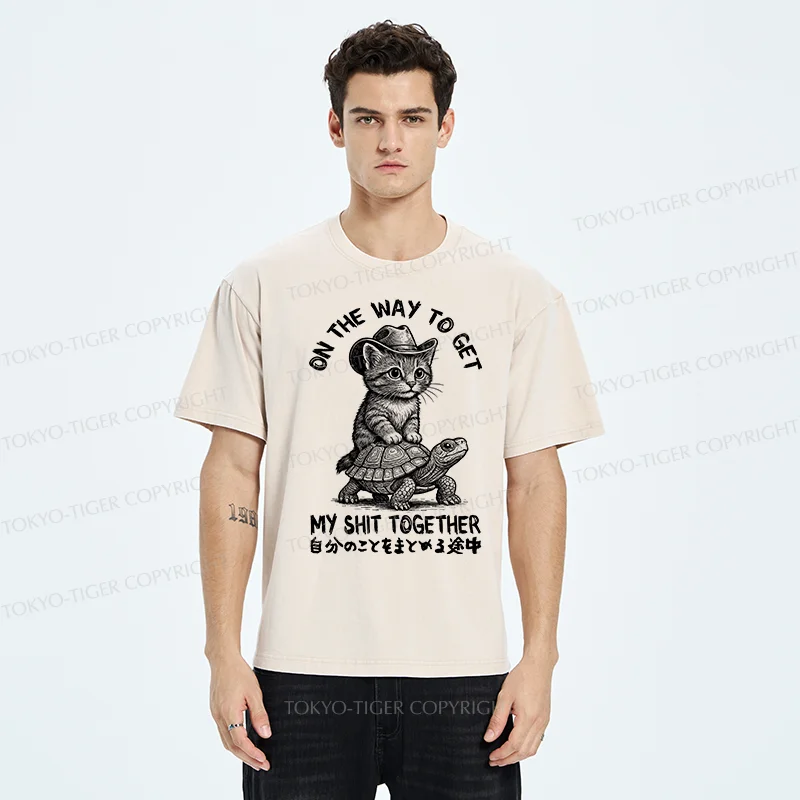Tokyo-Tiger Cat And The Turtle Walking Together Washed T-Shirt