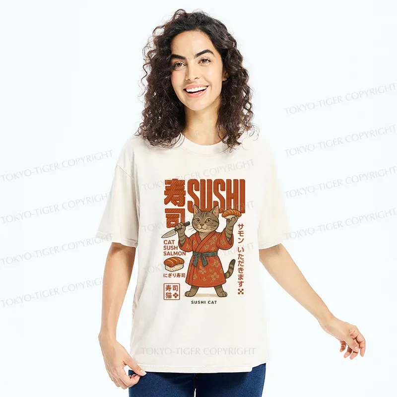 Tokyo-Tiger Sushi Made By Cat Chef Washed T-Shirt