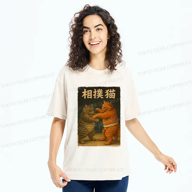 Tokyo-Tiger Sumo Cat Funny Washed T-Shirt