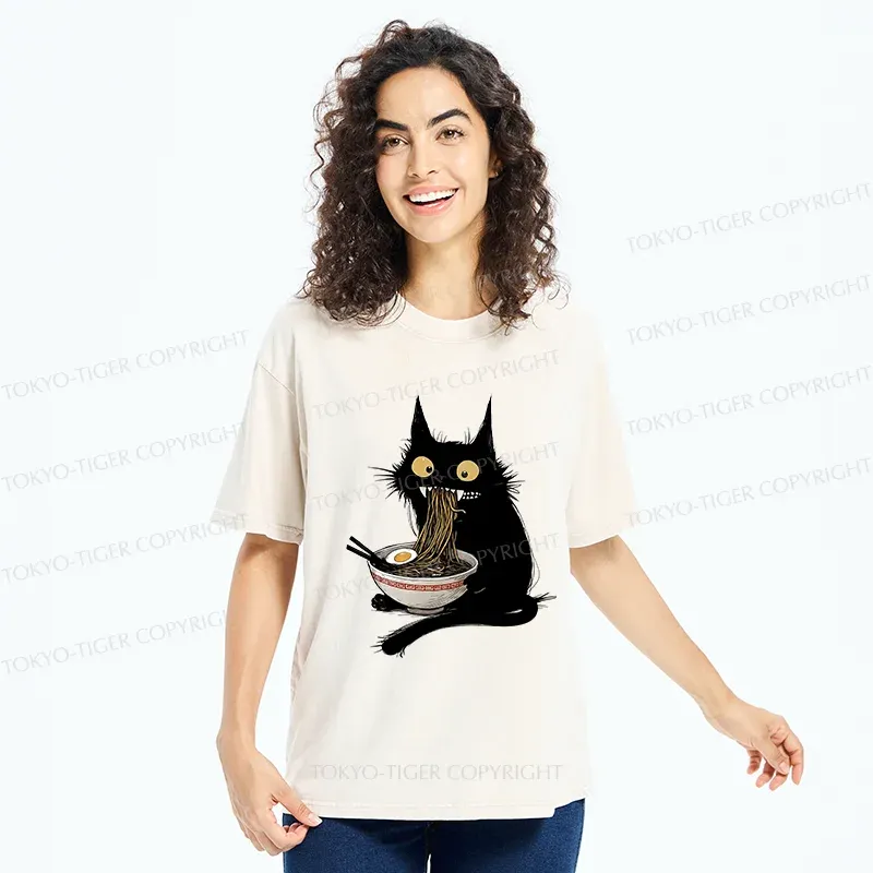 Tokyo-Tiger Naughty Kitten Is Eating Ramen Washed T-Shirt
