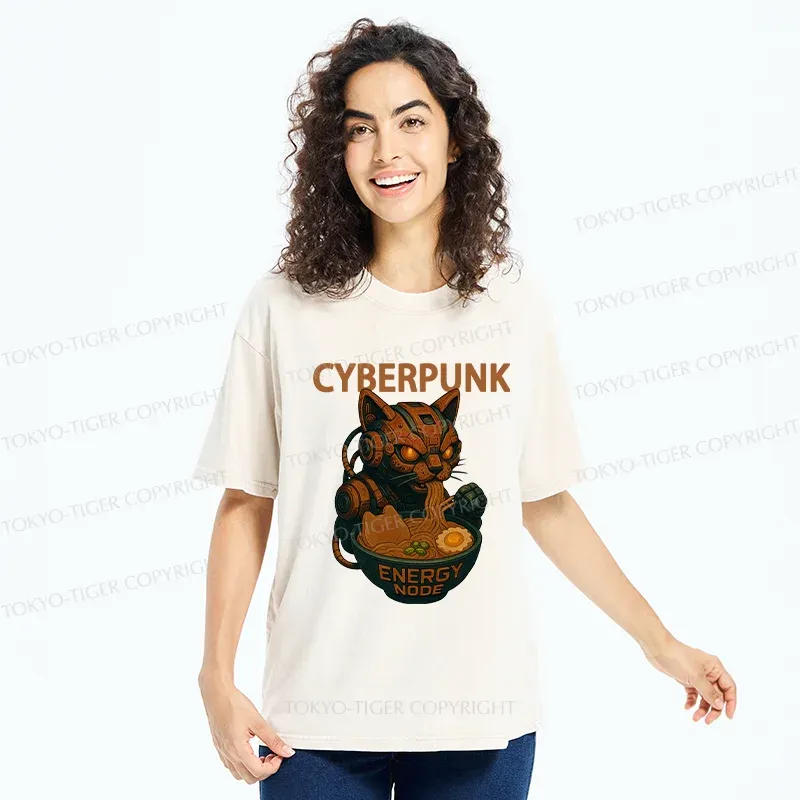 Tokyo-Tiger Retro Machine Cat Eating Ramen Washed T-Shirt