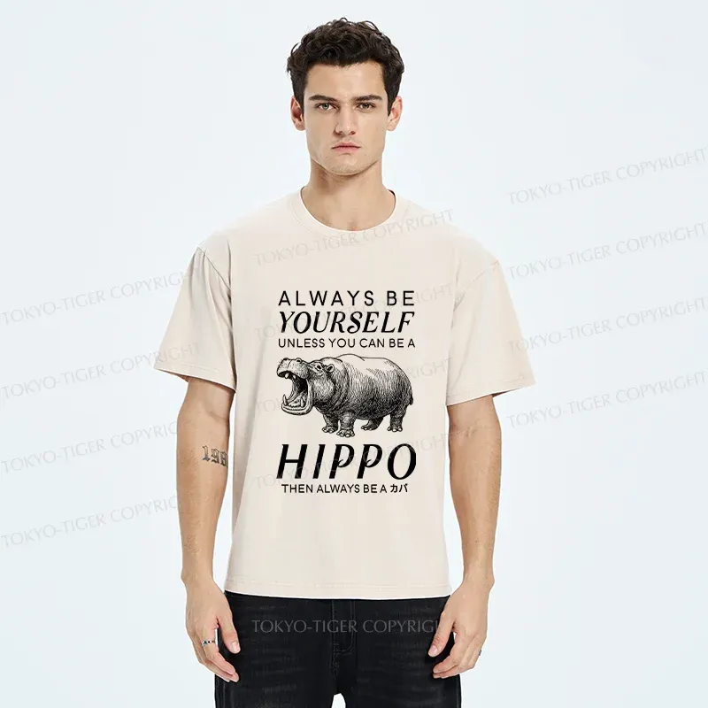 Tokyo-Tiger Funny Hippopotamu Washed T-Shirt