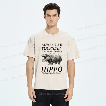 Tokyo-Tiger Funny Hippopotamu Washed T-Shirt