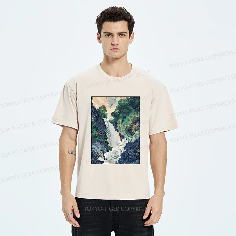 Tokyo-Tiger Japanese Landscape Painting Washed T-Shirt