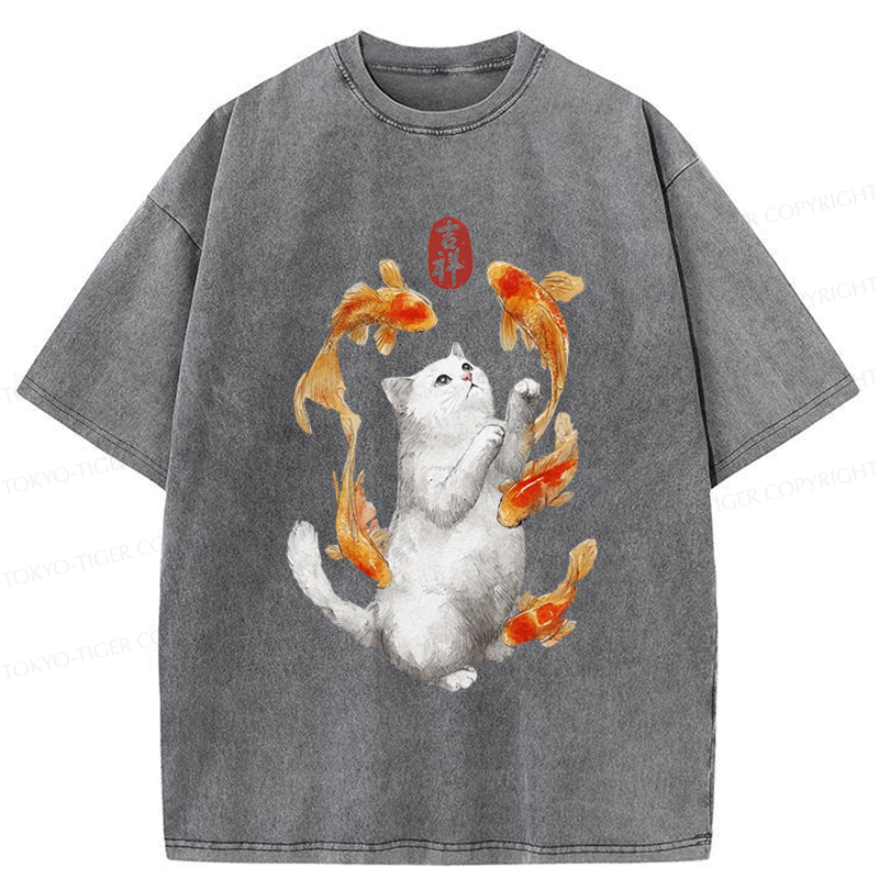 Tokyo-Tiger Zen Cat And The Dancing Fish Washed T-Shirt
