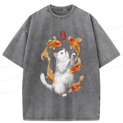 Tokyo-Tiger Zen Cat And The Dancing Fish Washed T-Shirt