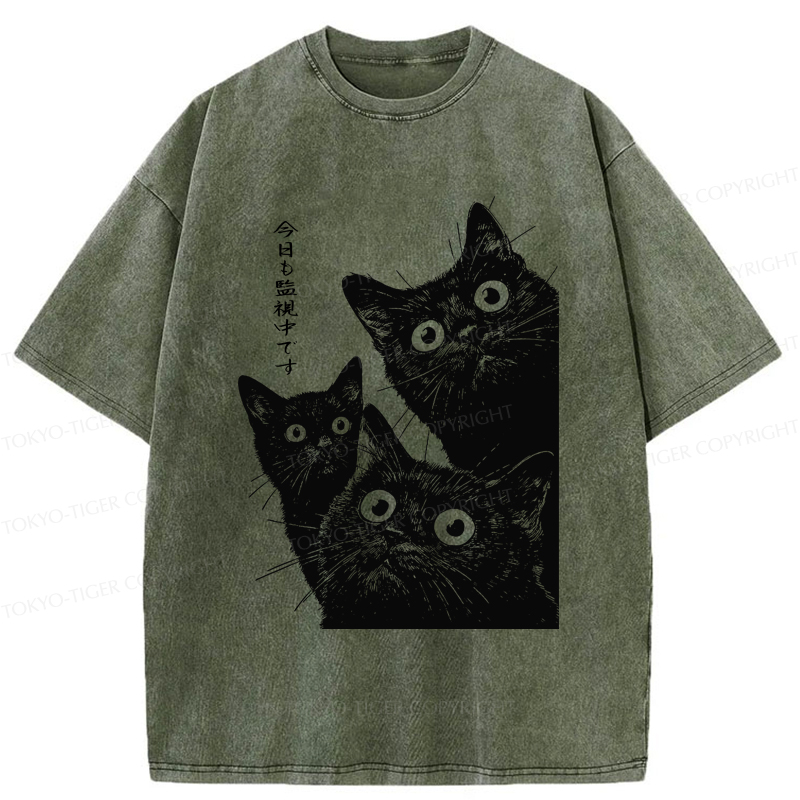 Tokyo-Tiger Three Cats Are Watching You Today Washed T-Shirt