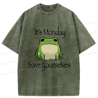 Tokyo-Tiger Funny Frog: It's Monday Save Yourselves Washed T-Shirt