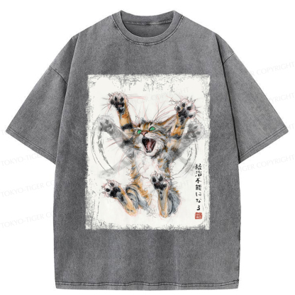 Tokyo-Tiger Funny Cat: Become Ungovernable - Ink Wash Painting Washed T-Shirt