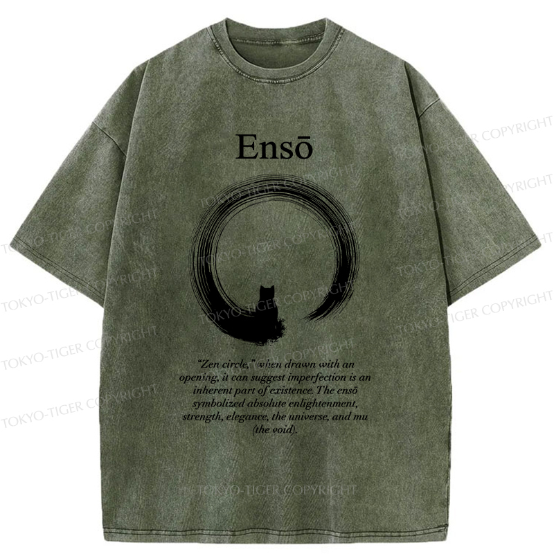 Tokyo-Tiger The Zen Cat Within The Enso Circle Washed T-Shirt