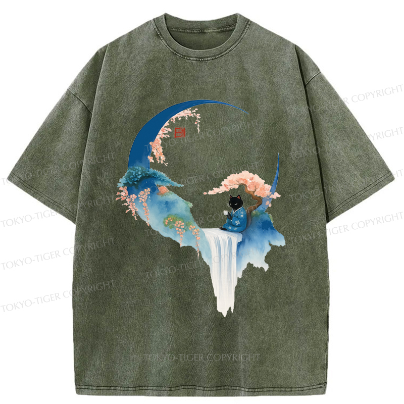 Tokyo-Tiger Tea And Tranquility: A Cat’s Zen Moment Washed T-Shirt