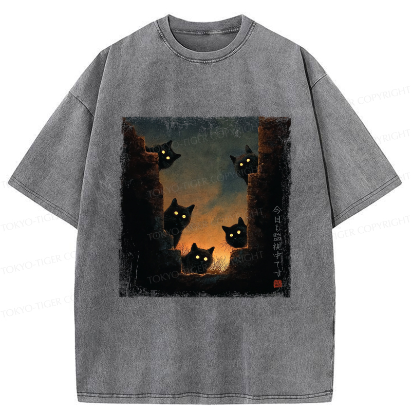 Tokyo-Tiger Five Cats Are Watching You Today Washed T-Shirt