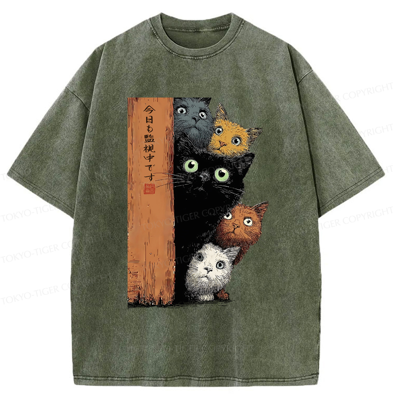 Tokyo-Tiger Five Cats Are Watching You Washed T-Shirt