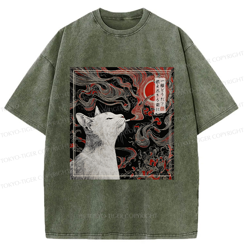 Tokyo-Tiger Vintage Japanese Smoking Cat Washed T-Shirt