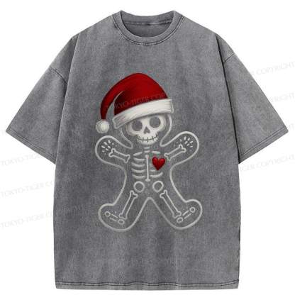 Tokyo-Tiger Funny Christmas Skull Gingerbread Man Washed T-Shirt