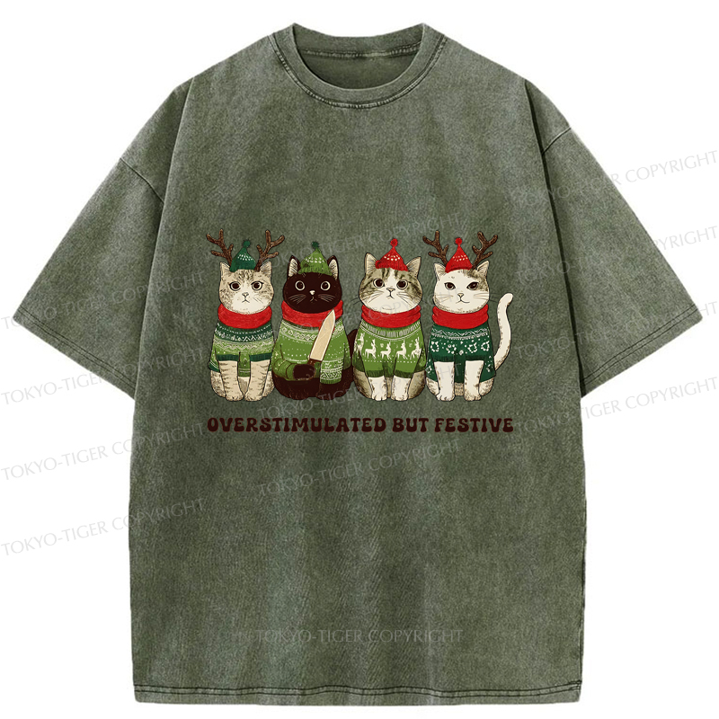 Tokyo-Tiger Overstimulated But Festive Cat Christmas Washed T-Shirt
