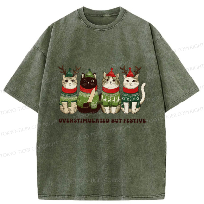 Tokyo-Tiger Overstimulated But Festive Cat Christmas Washed T-Shirt