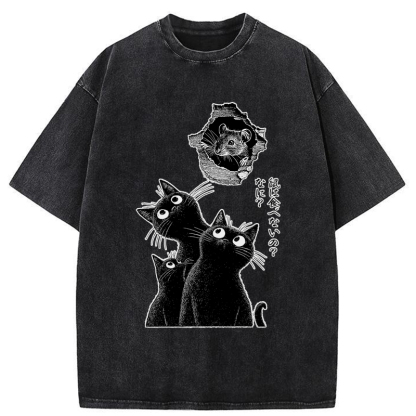 Tokyo-Tiger Cats And The Curious Mouse Washed T-Shirt