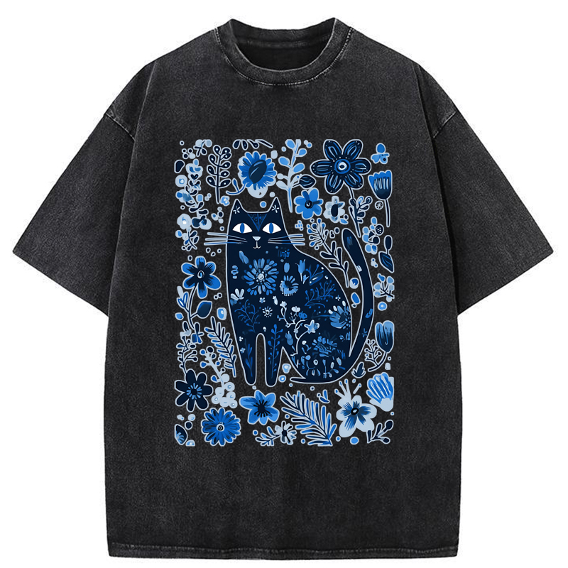 Tokyo-Tiger A Cat Among Flowers Washed T-Shirt
