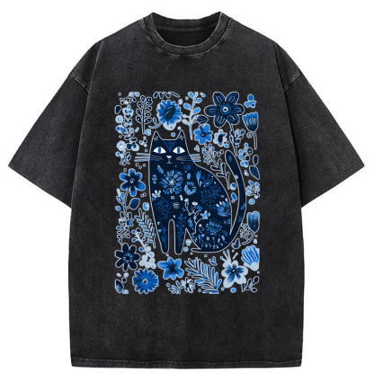 Tokyo-Tiger A Cat Among Flowers Washed T-Shirt