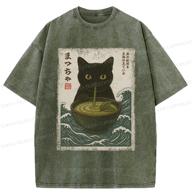 Tokyo-Tiger Black Cat and Matcha with Waves Washed T-Shirt