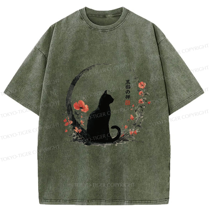 Tokyo-Tiger Black Cat And Flowers Washed T-Shirt