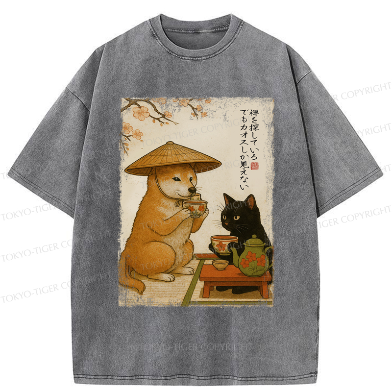 Tokyo-Tiger Tea Time with Shiba Inu and Black Cat Washed T-Shirt