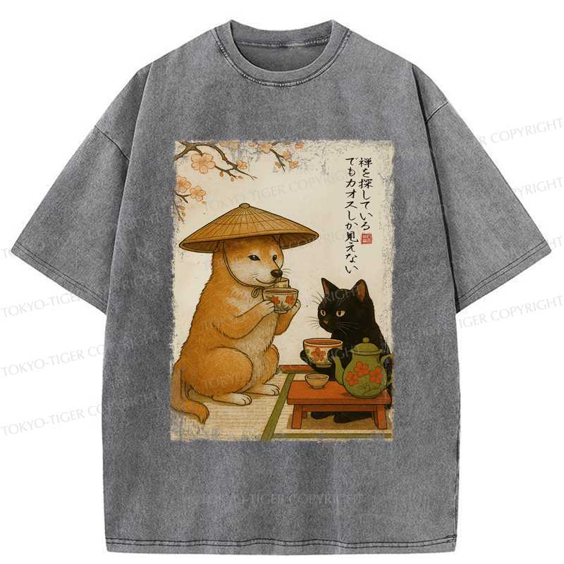 Tokyo-Tiger Tea Time with Shiba Inu and Black Cat Washed T-Shirt