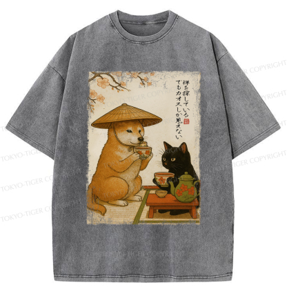 Tokyo-Tiger Tea Time with Shiba Inu and Black Cat Washed T-Shirt